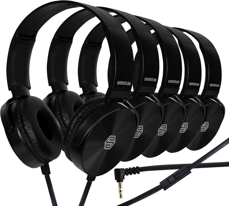 Sonitum Premium Classroom Headphone & Mic Set 3.5mm Jack Stereo Sound Earphones with Microphone & Soft Swivel On Ear Pads- Perfect for E-Learning, Meetings, Calls - Bulk Pack of 5 (Black) - Image 1